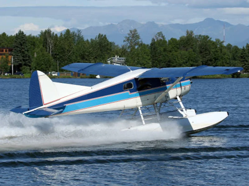 bush plane landing on water in alaska