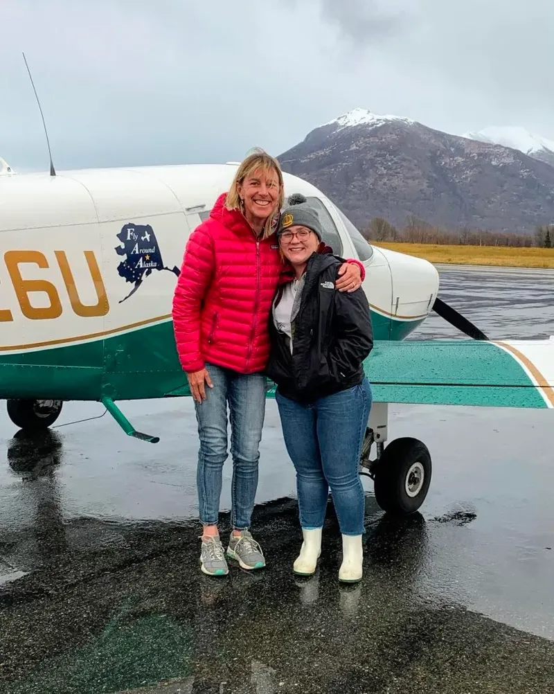 female flight instructor with student fly around alaska flight school