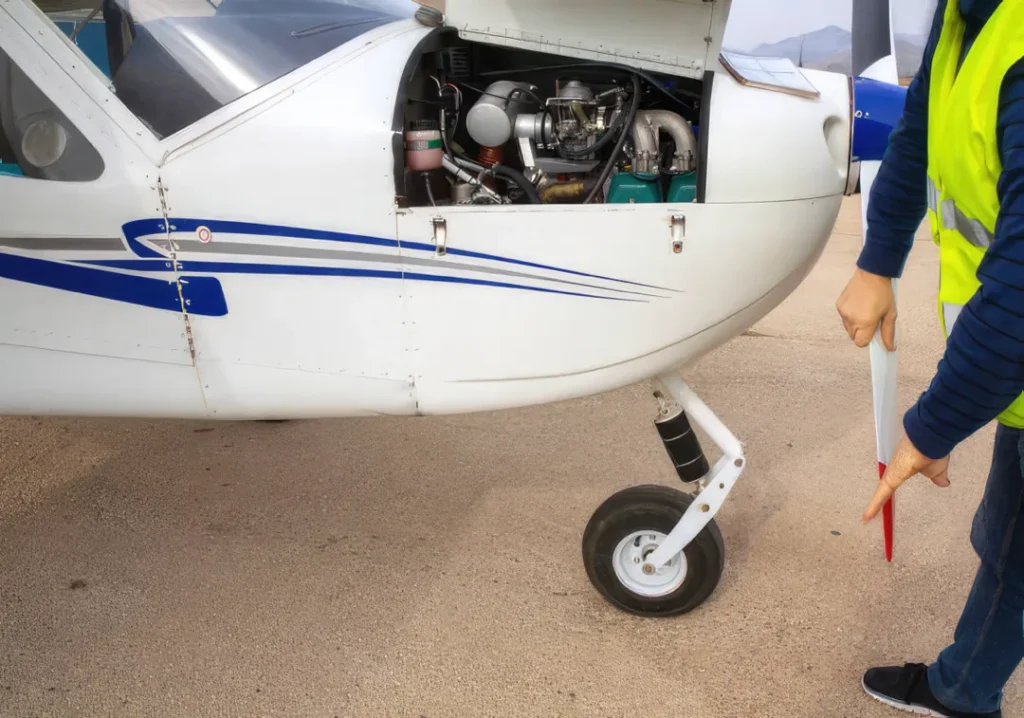 private pilot performing pre flight check on engine and propeller