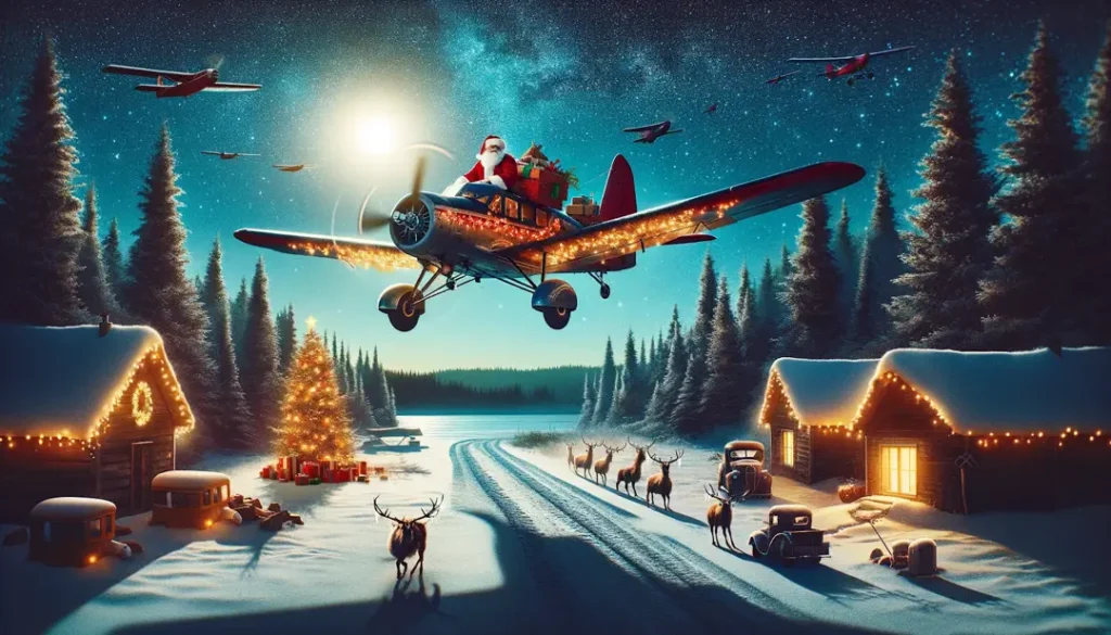 santa bush pilot flying over alaskan town illustration